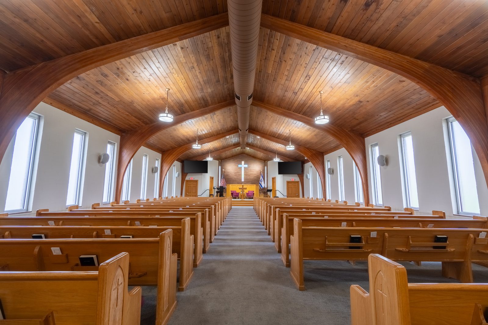 Greentown Baptist Church sanctuary with vaulted wood ceiling