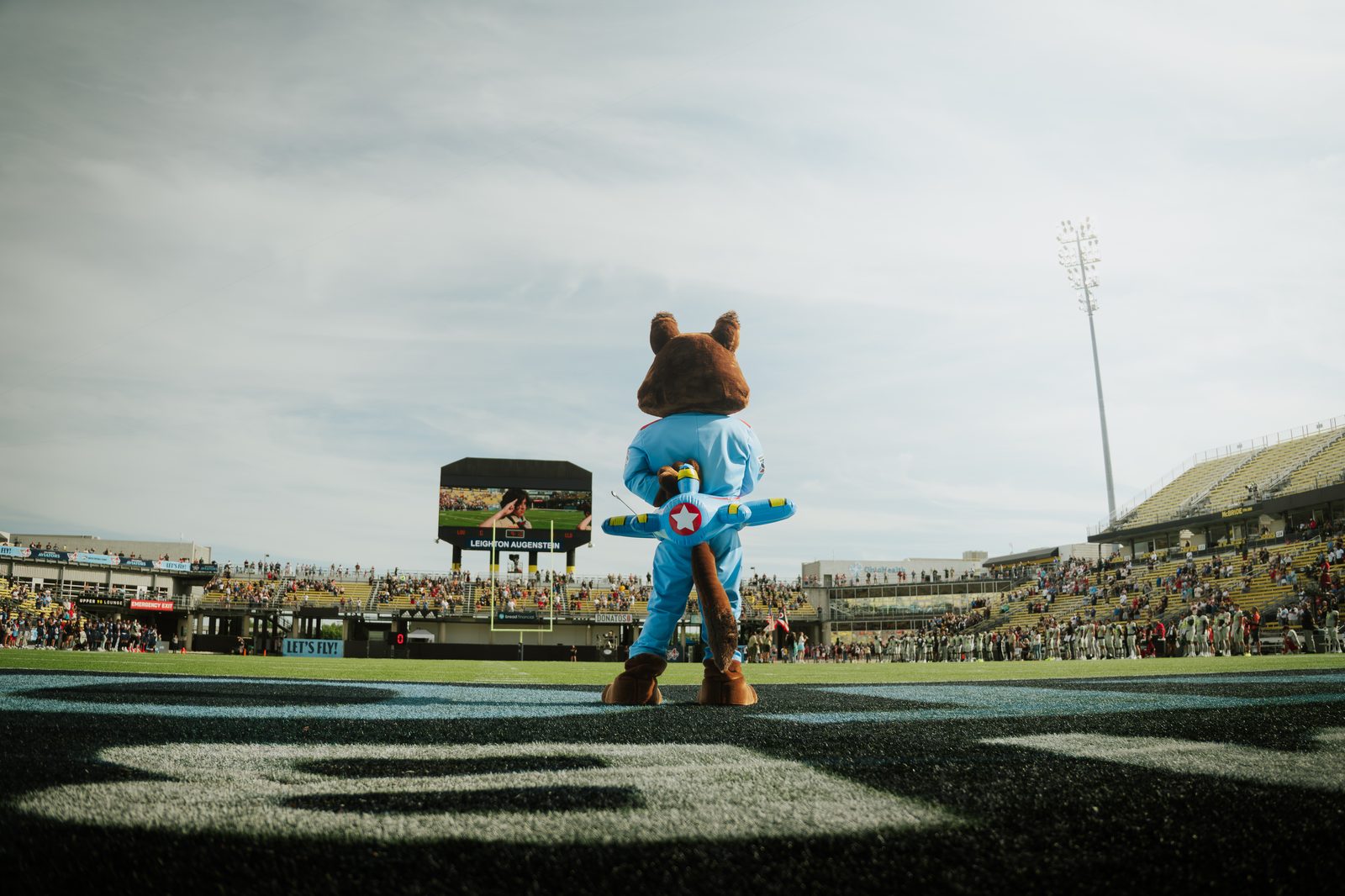 Aviators mascot facing the football field before a game