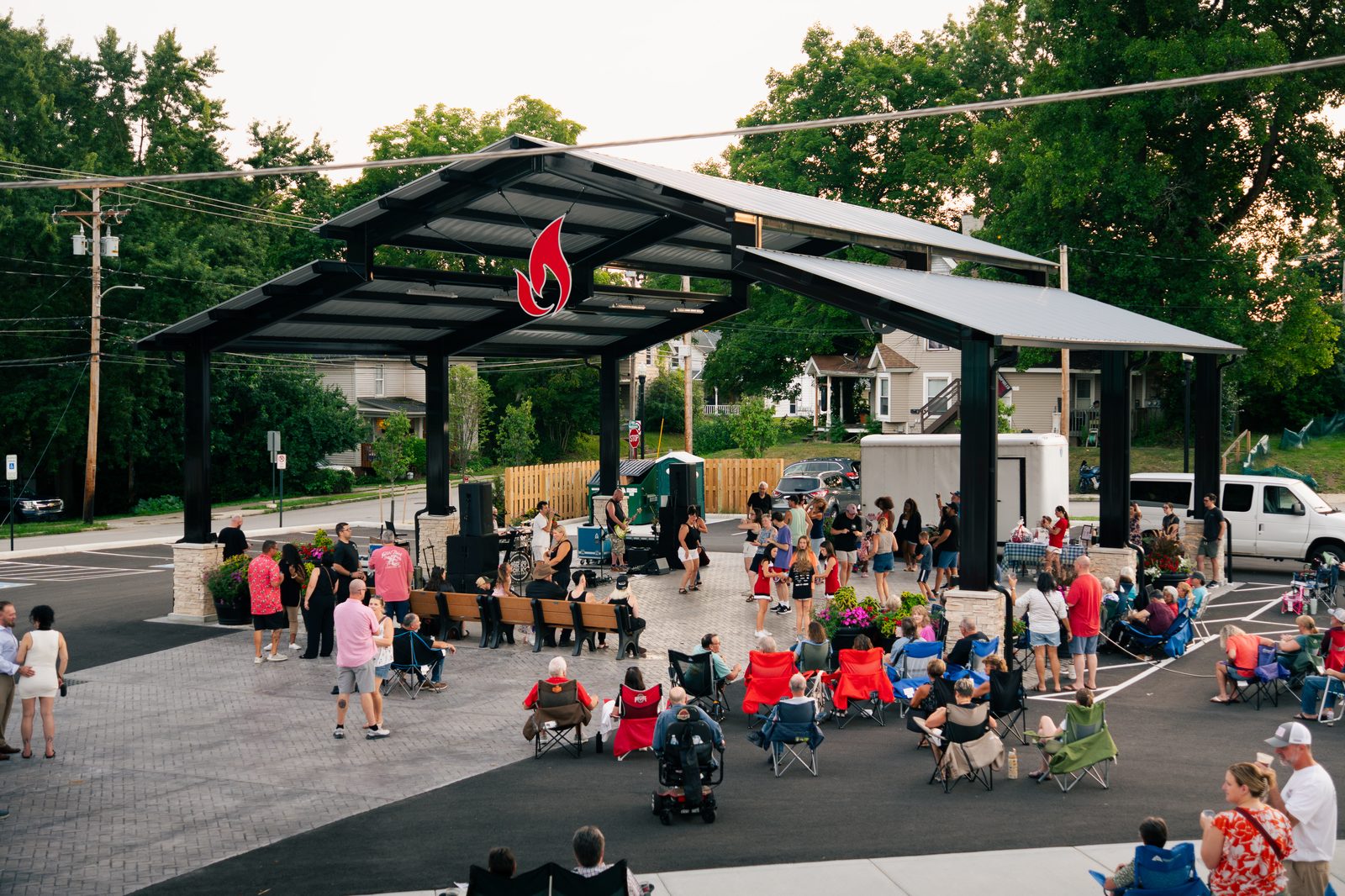 Aerial view of the crowd and pavilion at a Downtown Wadsworth festival